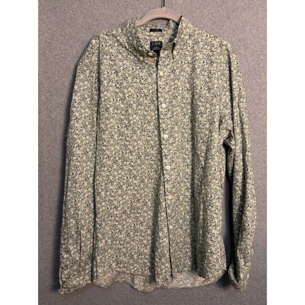 J.Crew Flex Washed Floral Button Down Shirt Mens Large Green Classic Fit